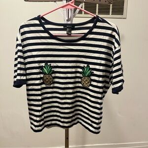 Forever 21 graphic tee pineapple fruit blue white navy stripes size Large